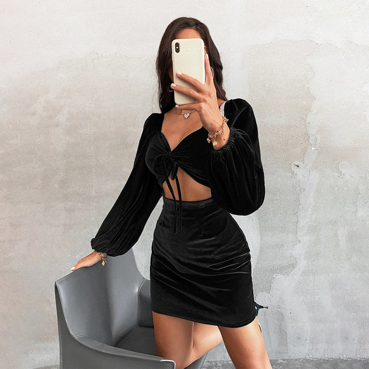 Black Bishop Sleeve Front Ruched Dress