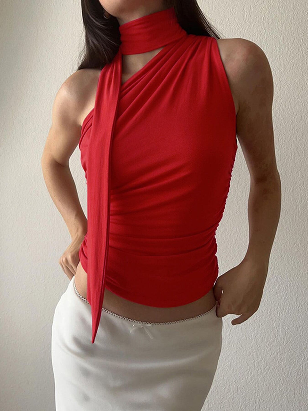 Red Neck Tie Up One Shoulder Top