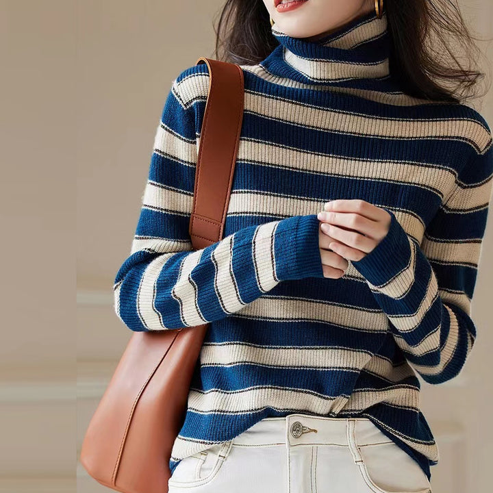 Blue Striped Turtle Neck Top
