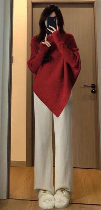 Red Full Sleeve Turtle Neck Asymmetrical Hem Sweater