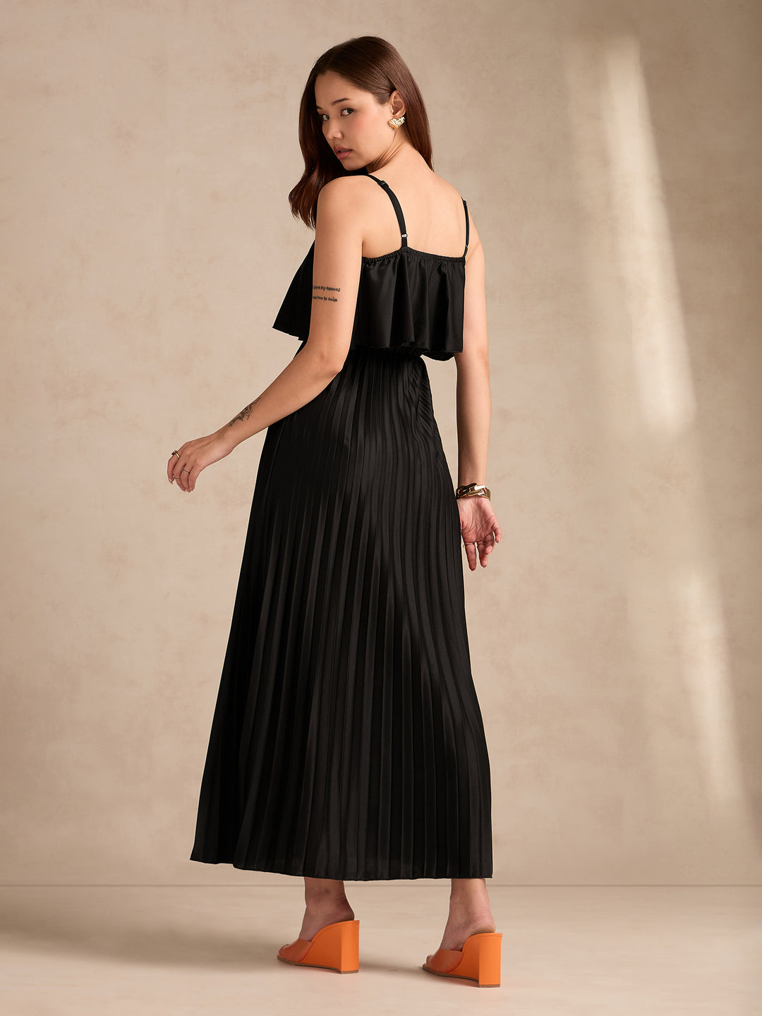 Black Strappy Pleated Maxi Dress