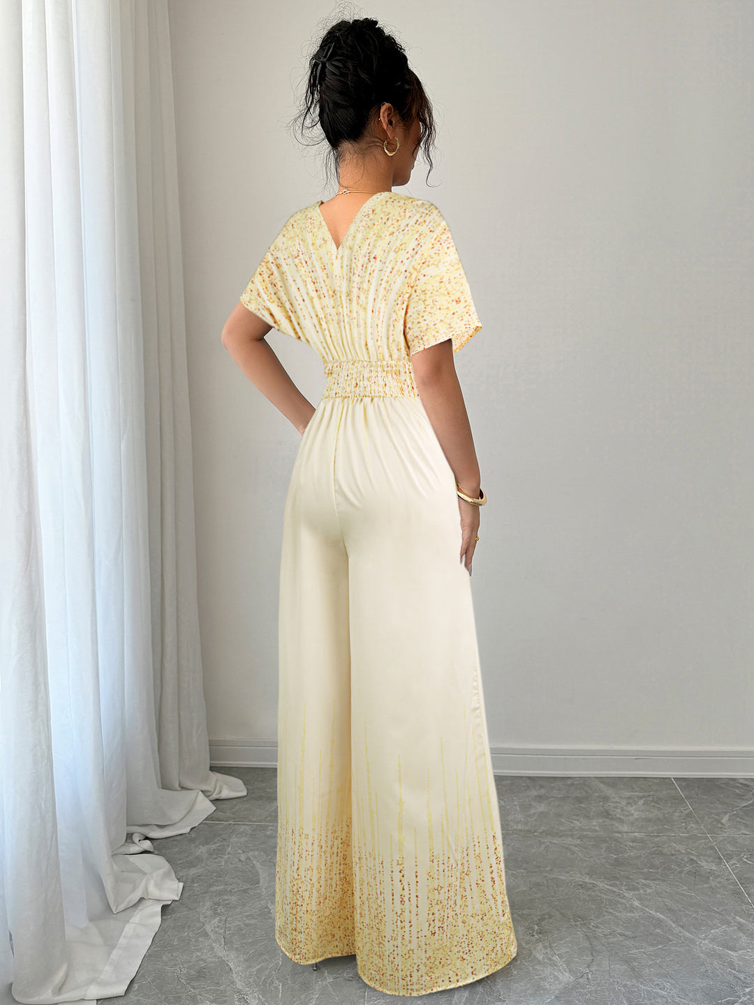 Cream V- Neck Cinched Waist Jumpsuit