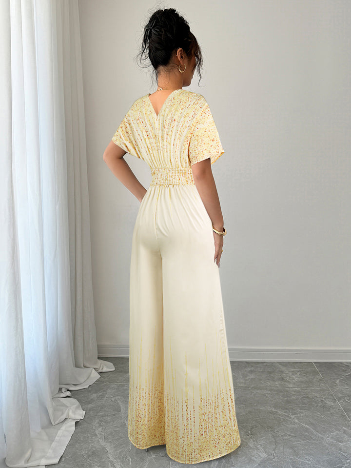 Cream V- Neck Cinched Waist Jumpsuit
