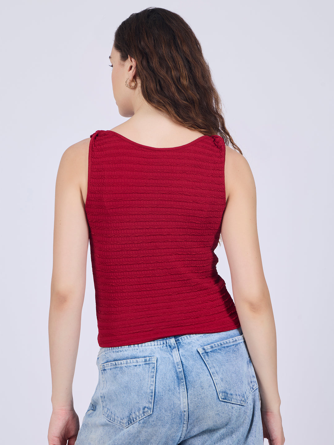 Maroon Textured Knit Halter Neck Tank Top