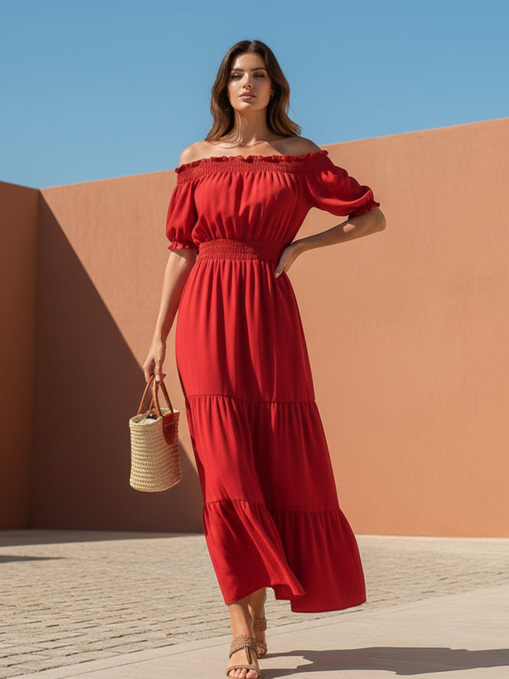 Red Short Sleeve Off Shoulder Dress