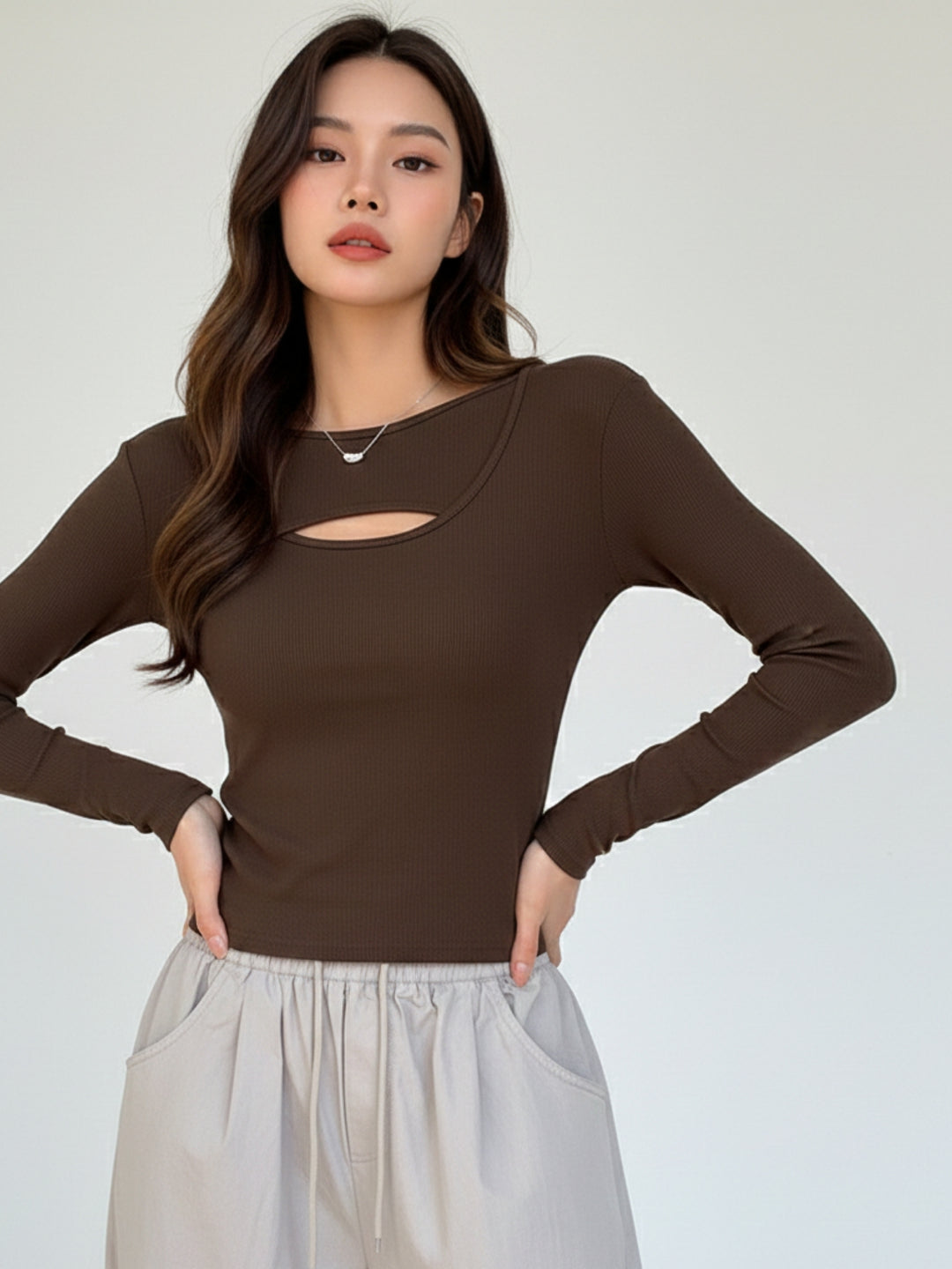 Brown Full Sleeve Neck Cut-Out Fitted Top