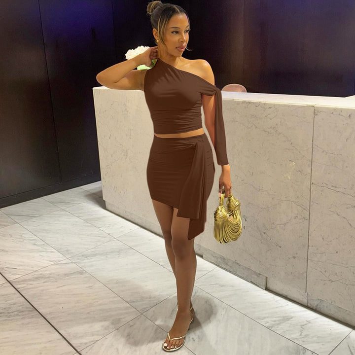 Brown One-Off Shoulder Top With Mini Skirt Co-Ord Set