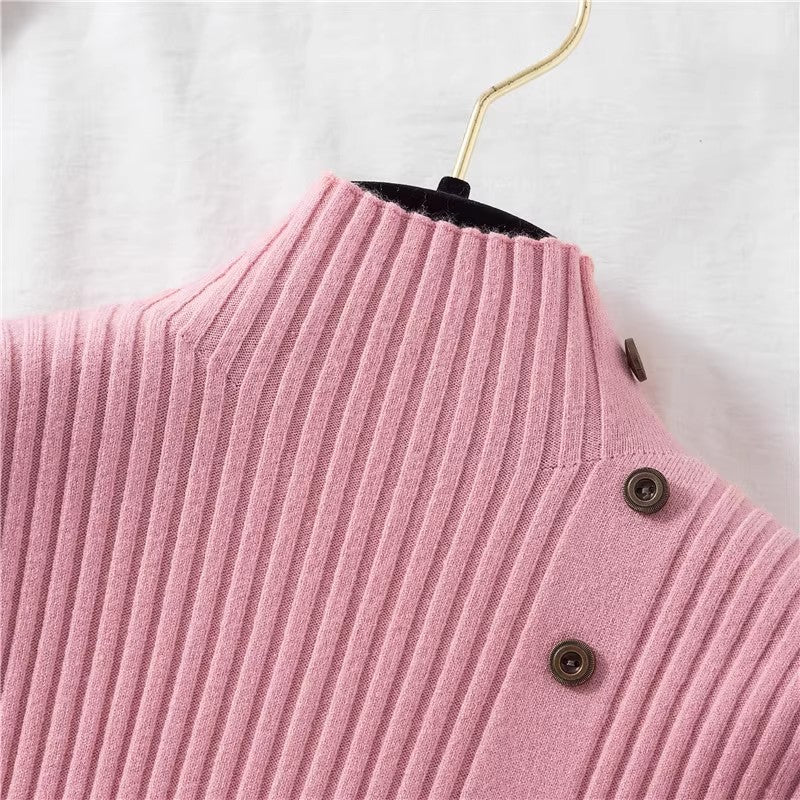 Pink Full Sleeve Button Trim Fitted Sweaters