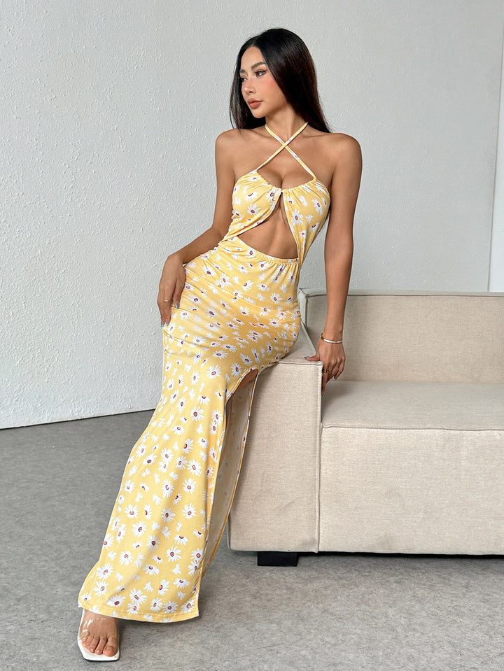 Yellow Halter Neck Front Cut-Out Slit Dress