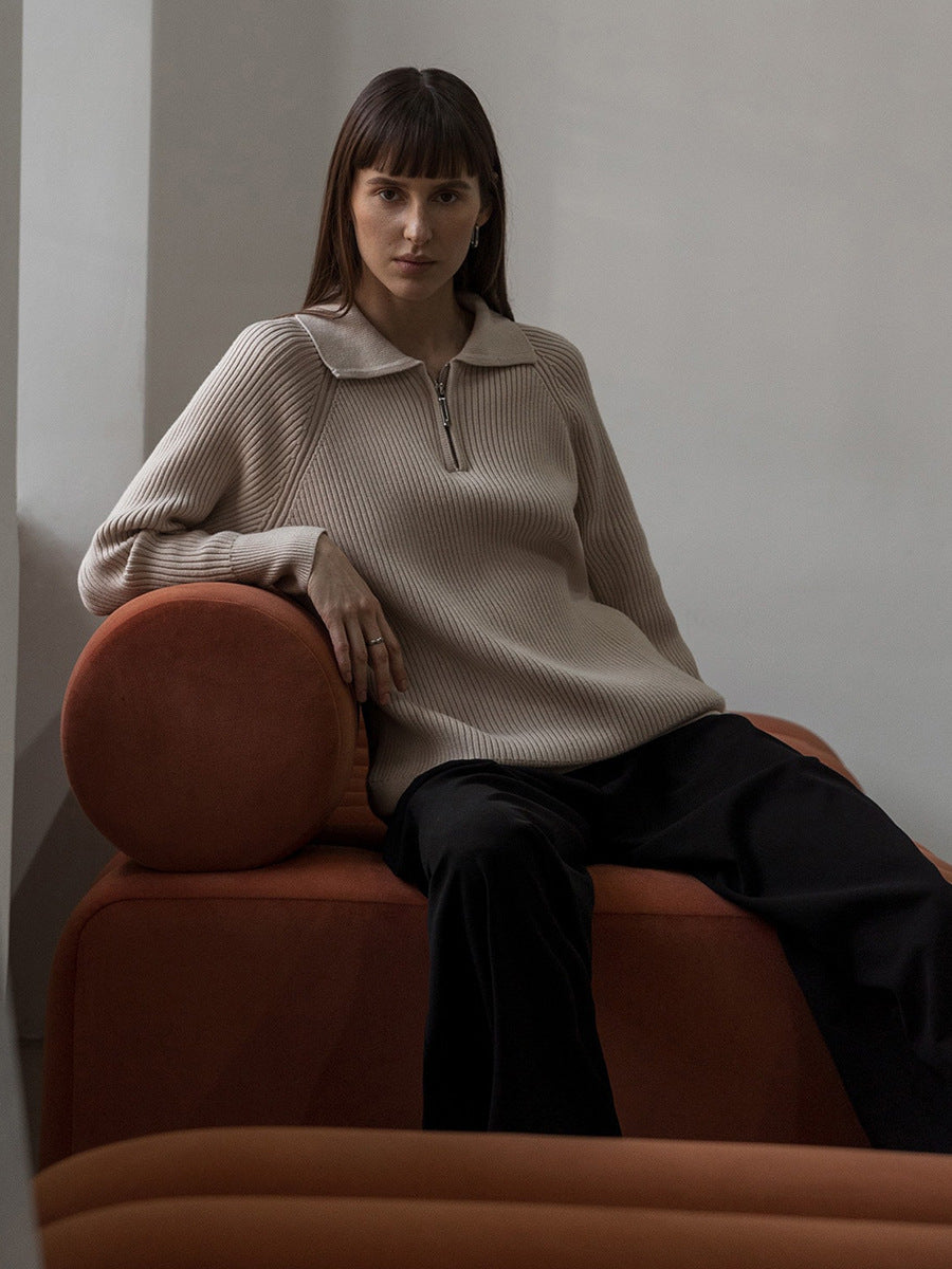 Beige Collared Zip Up Sweater