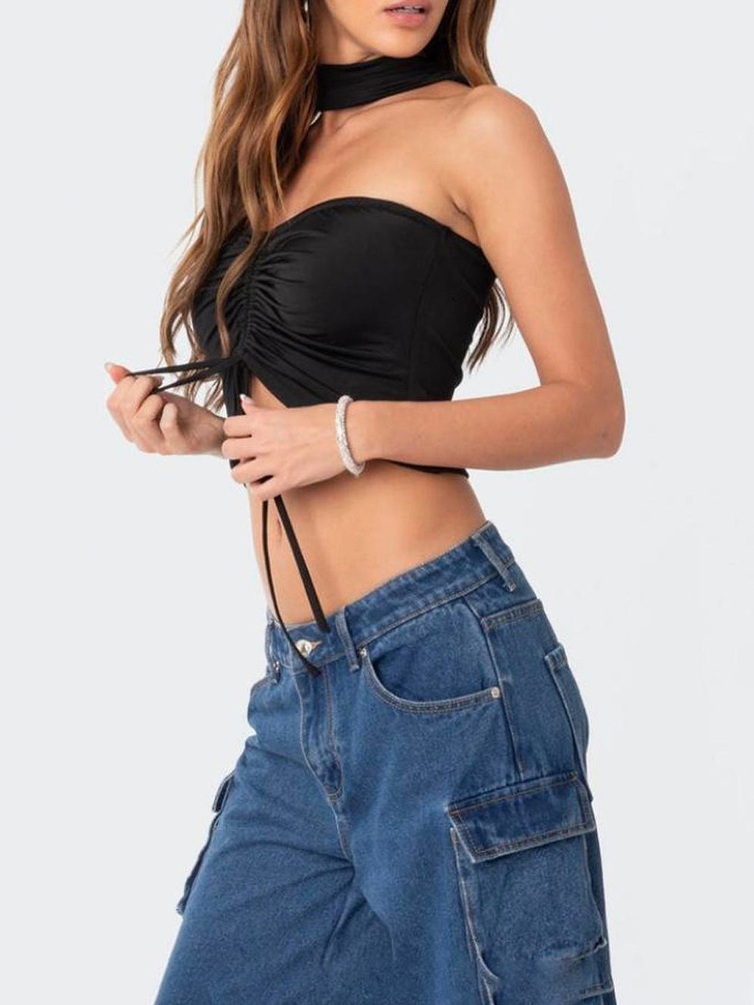 Black Choker Neck Front  Ruched Top