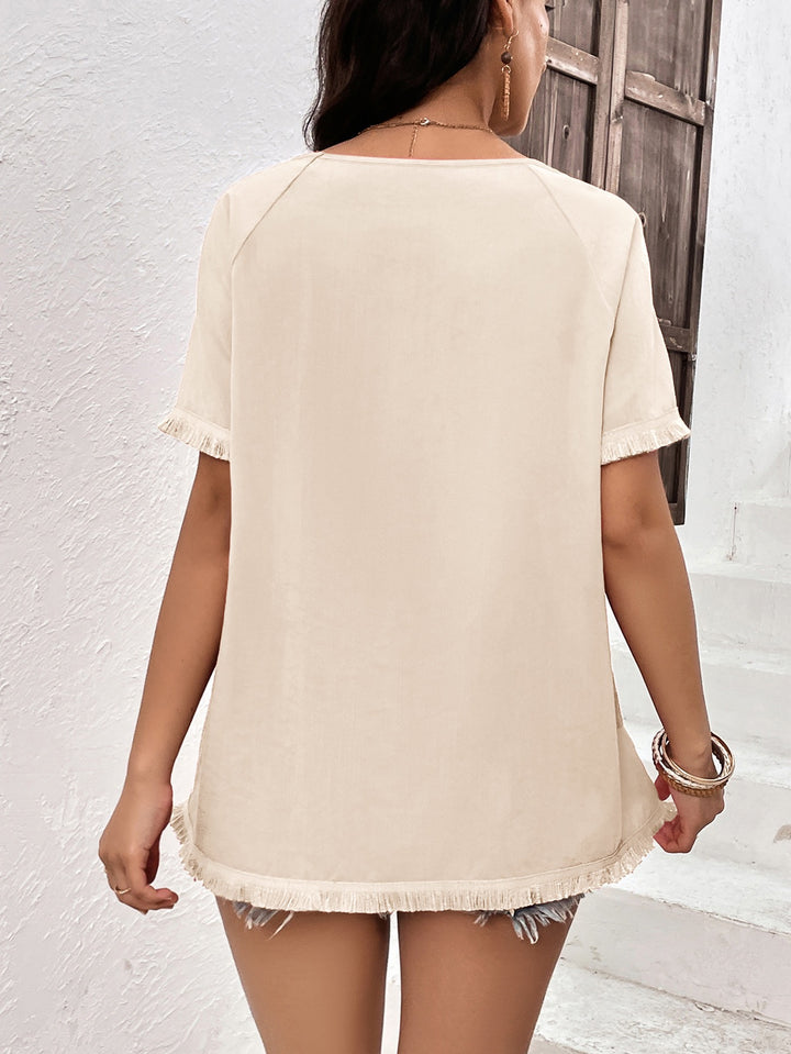 Cream Crew Neck Fringe Hem Tshirt