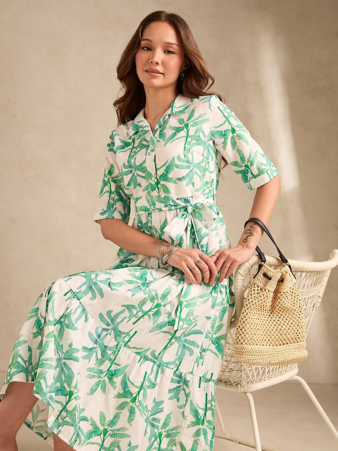 Multi Midi Length Tiered Printed Dress