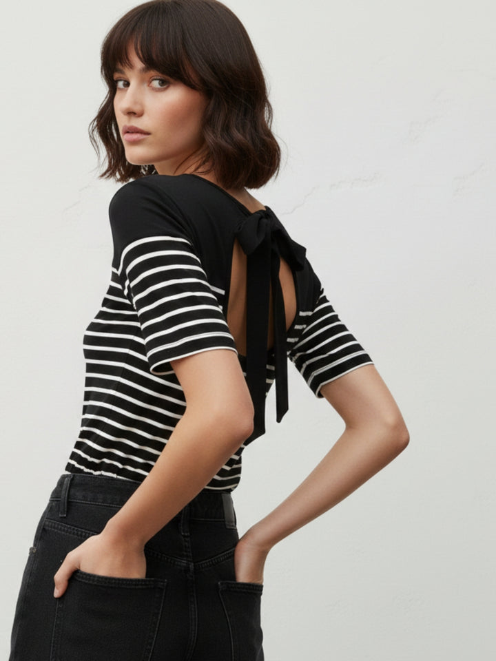 Black Short Sleeve Striped Back Bow Top