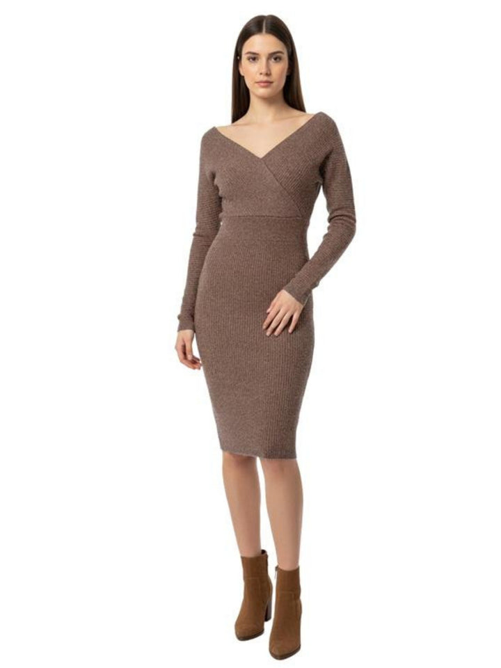 Brown V- Neck Fitted Dress