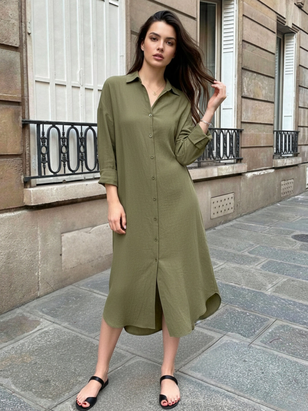 Olive Longline Button Down Shirt Dress