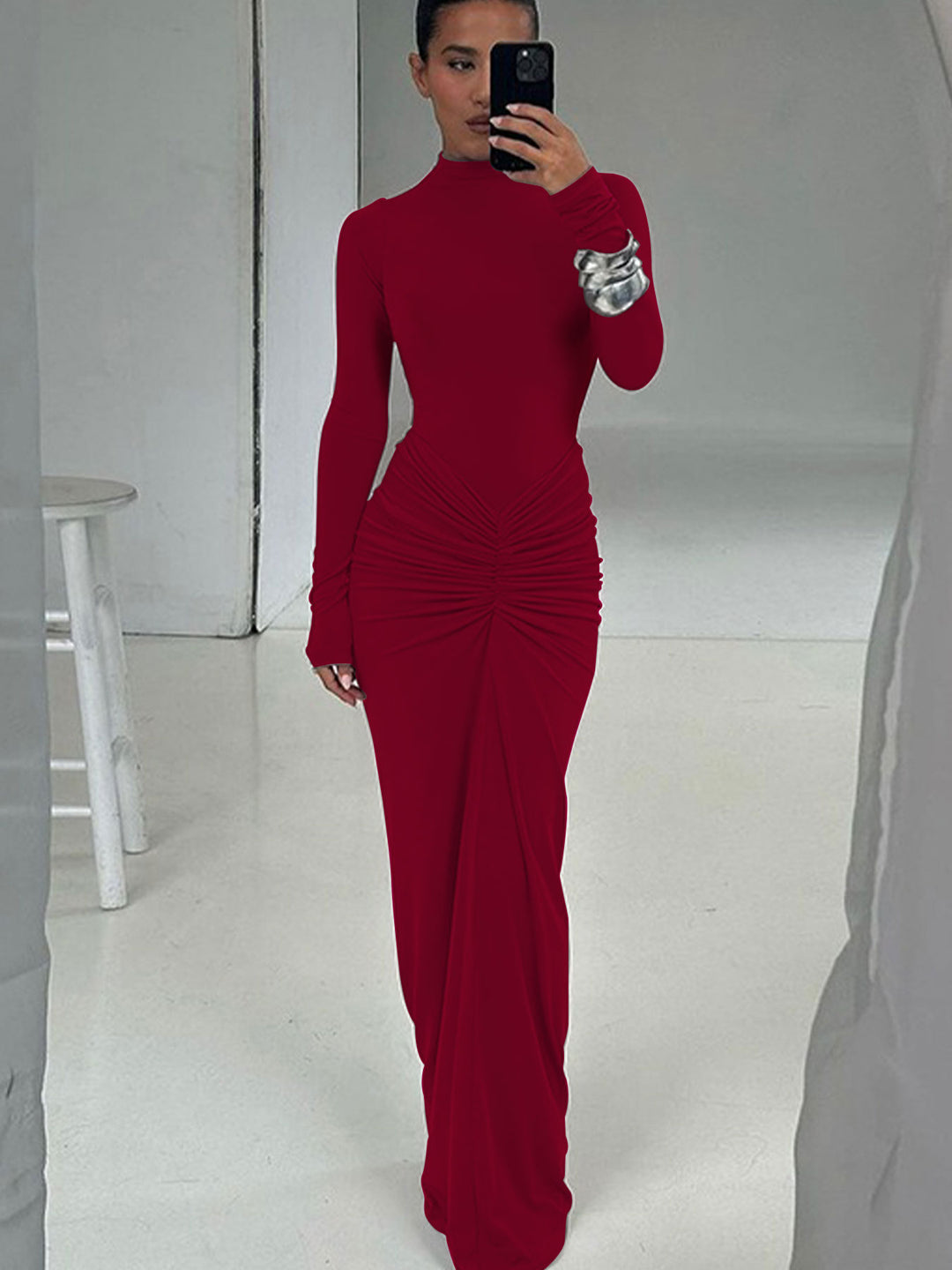 Red High Neck Bodycon Maxi Dress