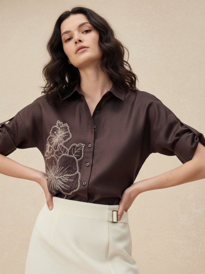 Brown Floral Embroidered Applique Shirt