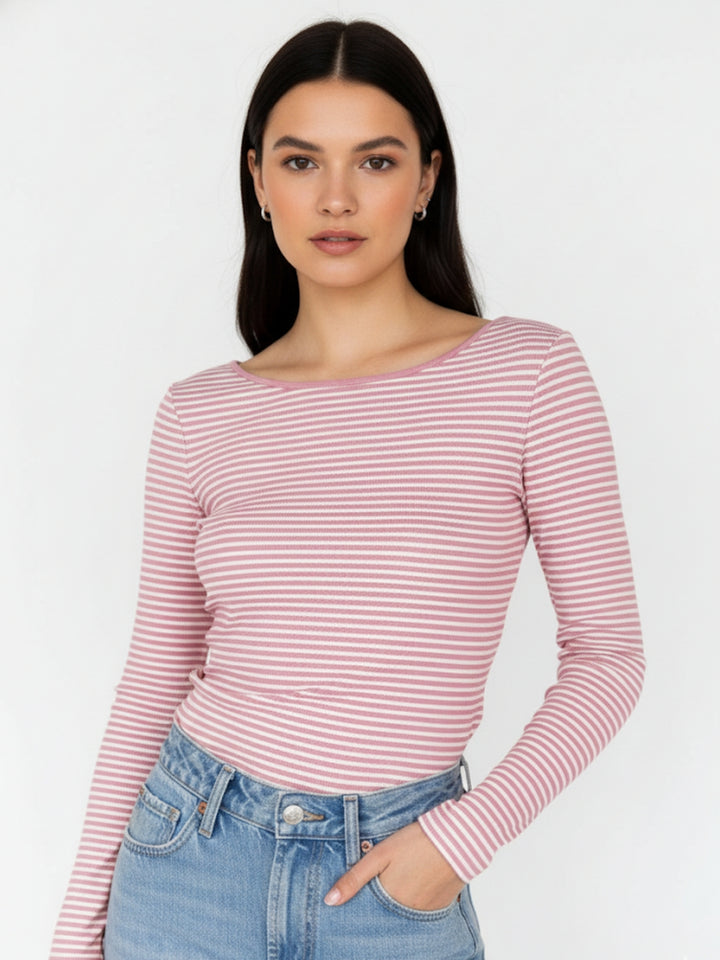 Pink Boat Neck Fitted Striped Top