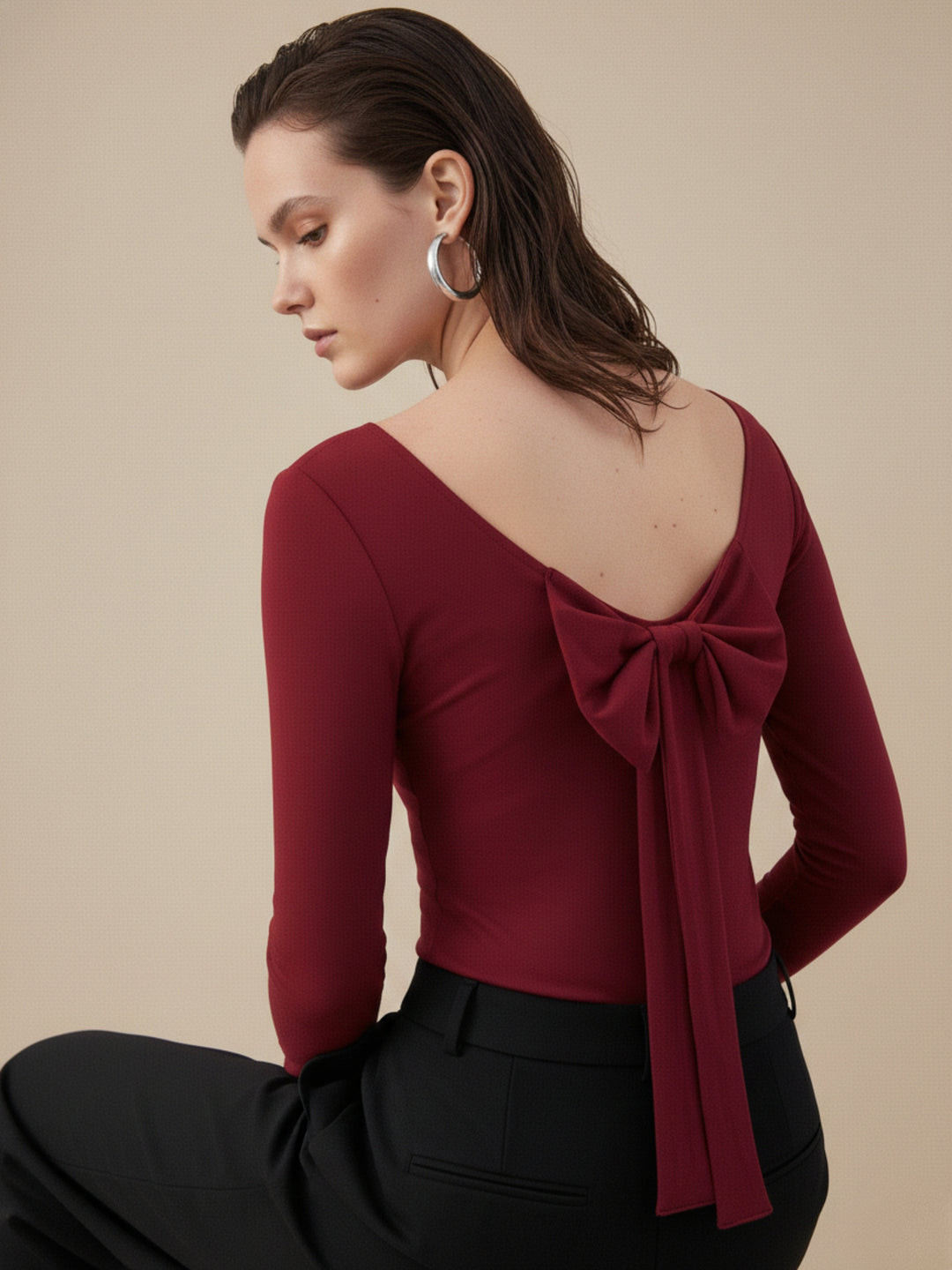 Red Back Scoop Neck With Bow Detail Top