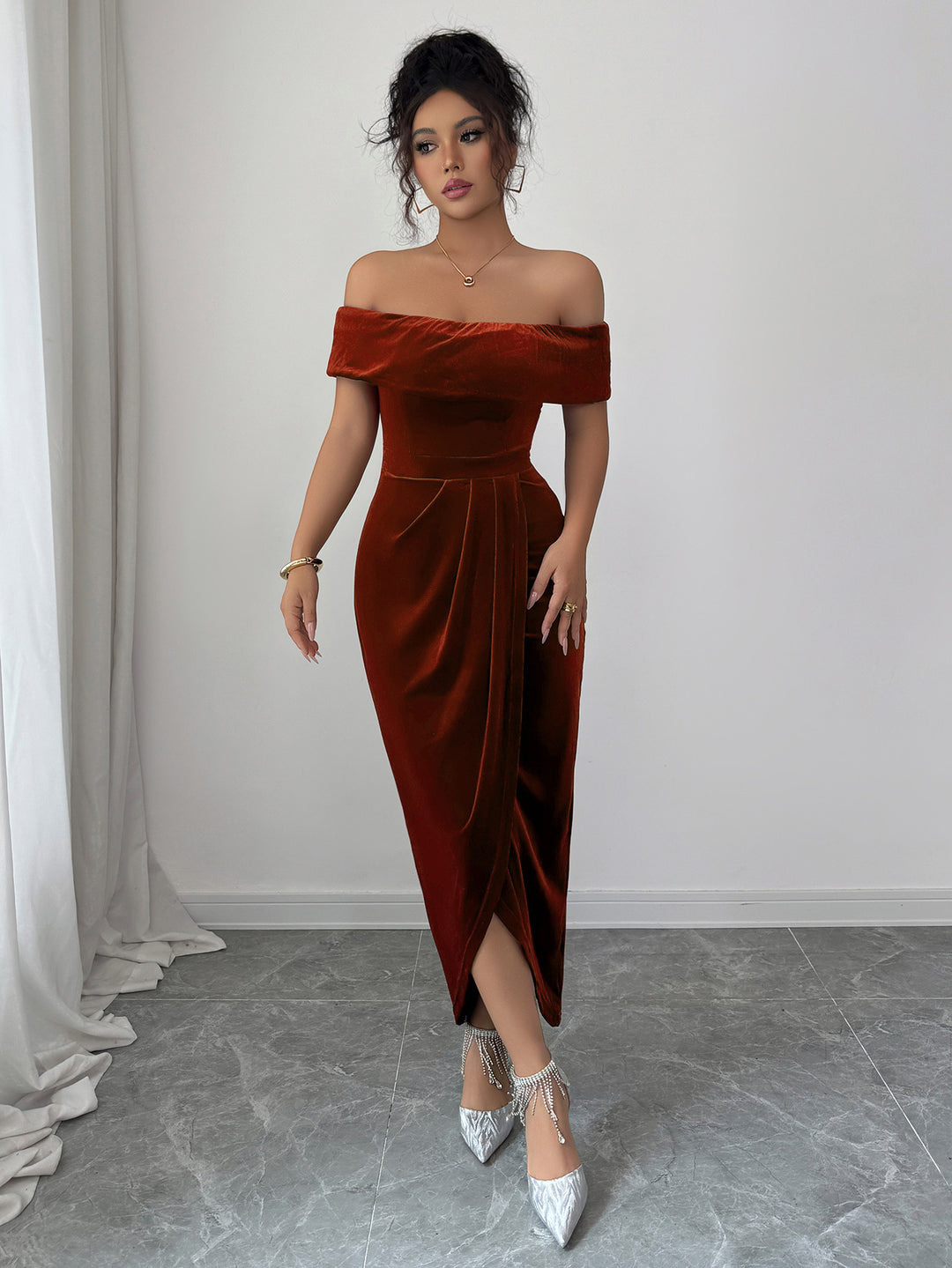 Shop Maroon Off Shoulder Fitted Asymmetrical Hem Dress - for Women |  OUTZIDR