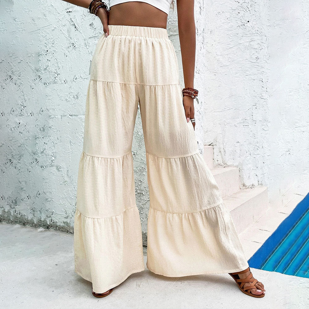 Cream Elastic Waist Tiered Pant