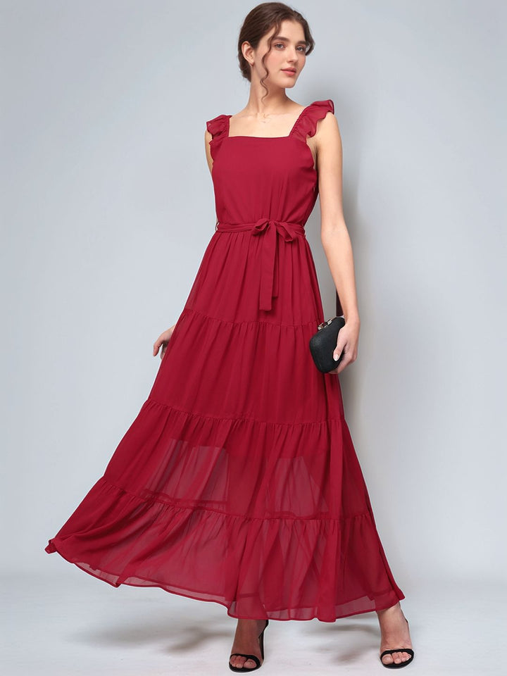 Red Shoulder Strap Waist Tie-Up Dress
