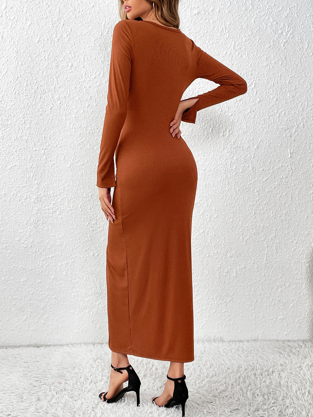 Rust V Neck Button Down Dress