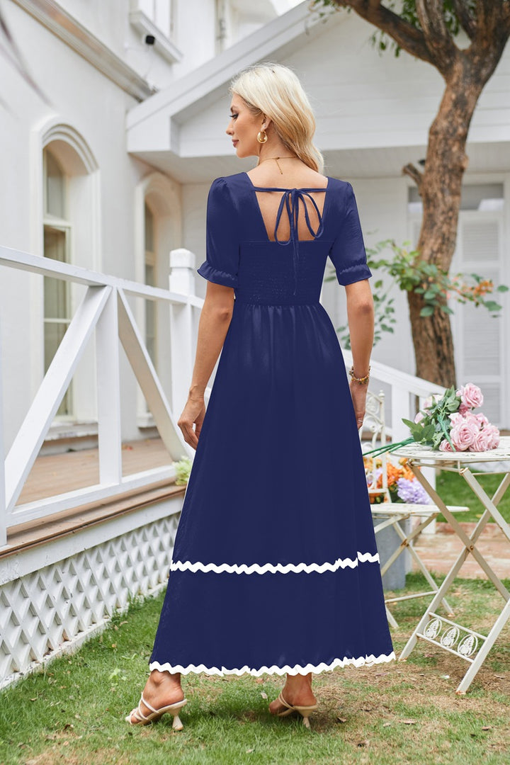 Navy Blue Square Neck Contrast Tipping Maxi Dress