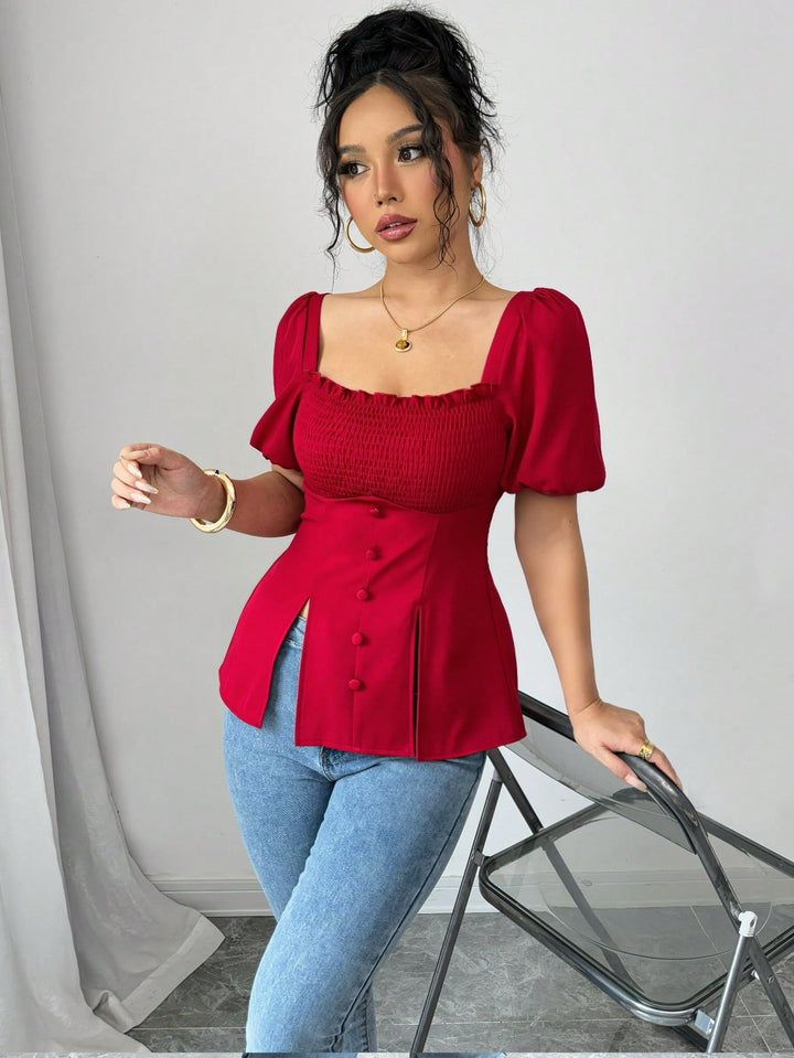 Red Puff Sleeve Square Neck Slit Top