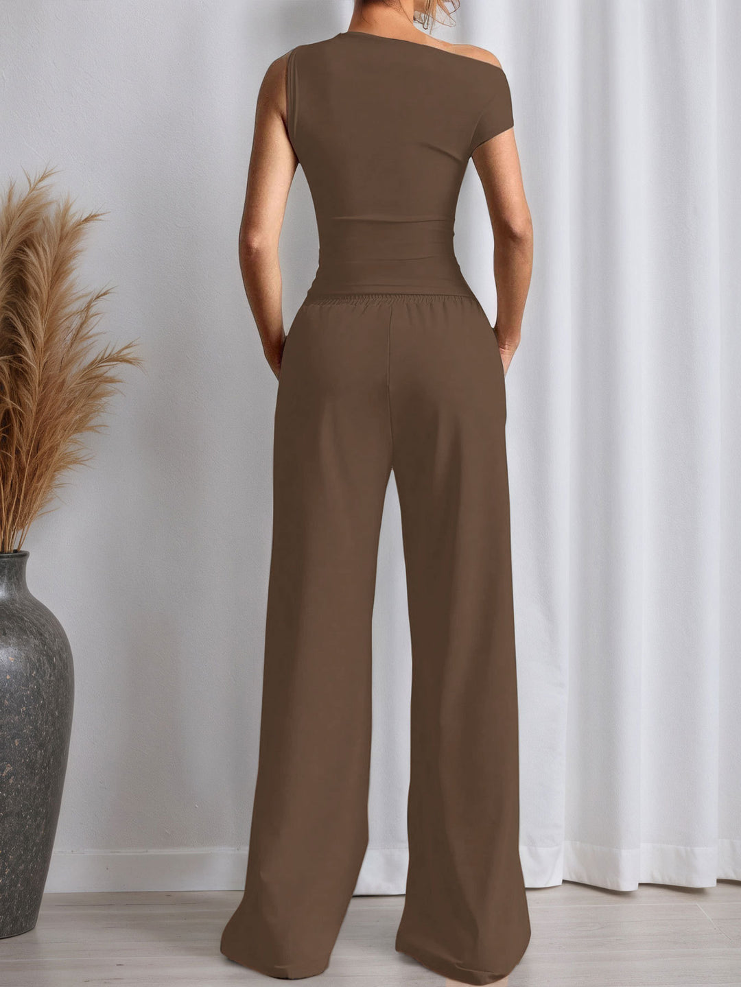 Brown One Shoulder Sleeve Asymmetrical Top And Pant Set
