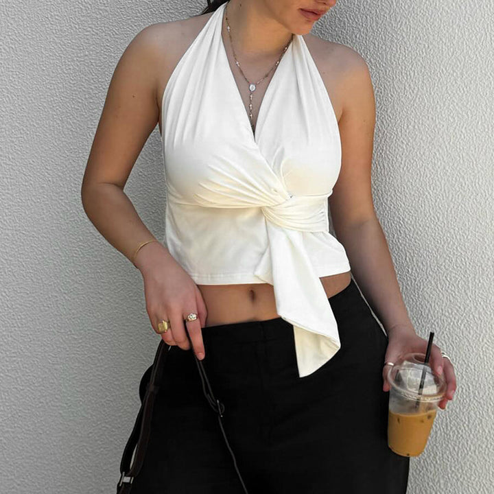 White Halted Neck Front Knot Crop Top