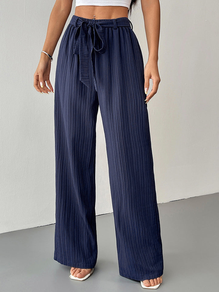 Navy Blue Crinkled Drawstring Wide-Leg Pants