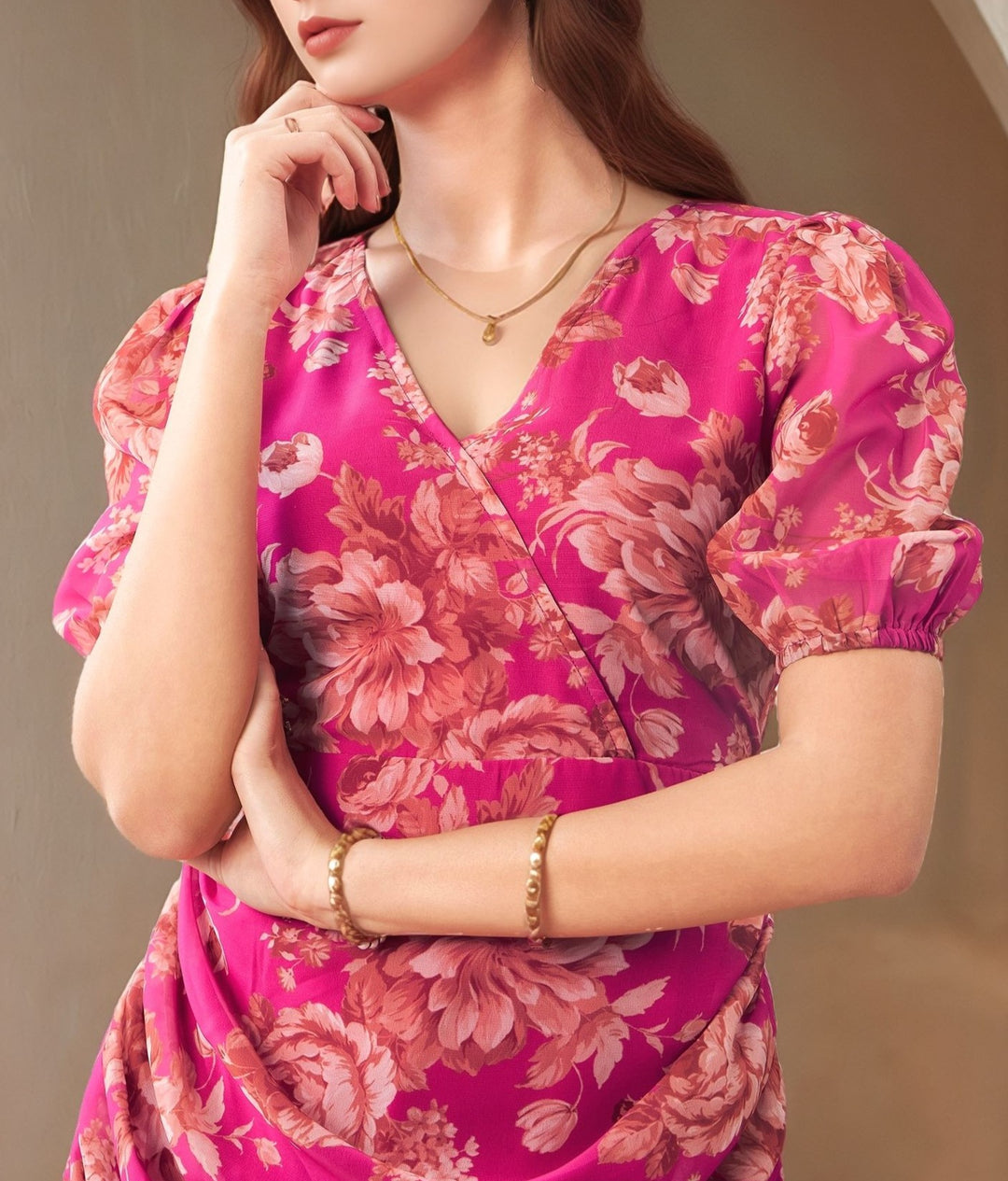 Pink Short Sleeve Printed V Neck Dress