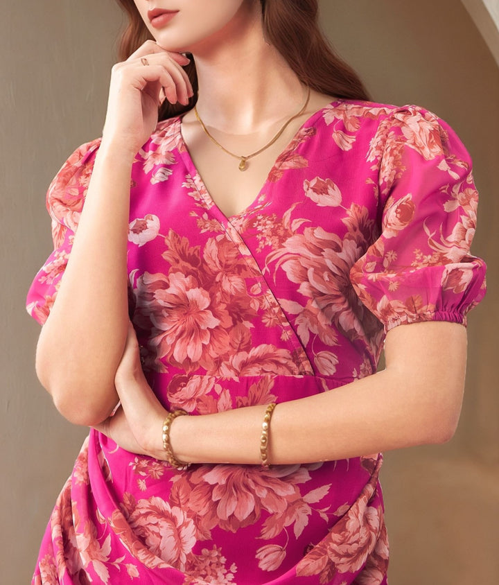 Pink Short Sleeve Printed V Neck Dress