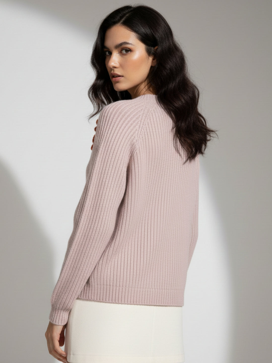 Nude Full Sleeve Front Buttoned Floral Embroidered Cardigan