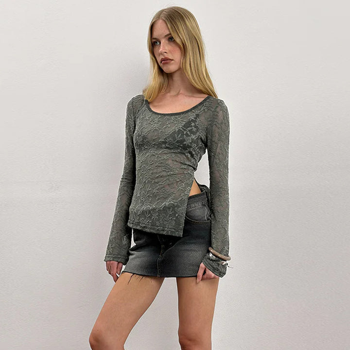 Olive Sheer lace scoop neck top