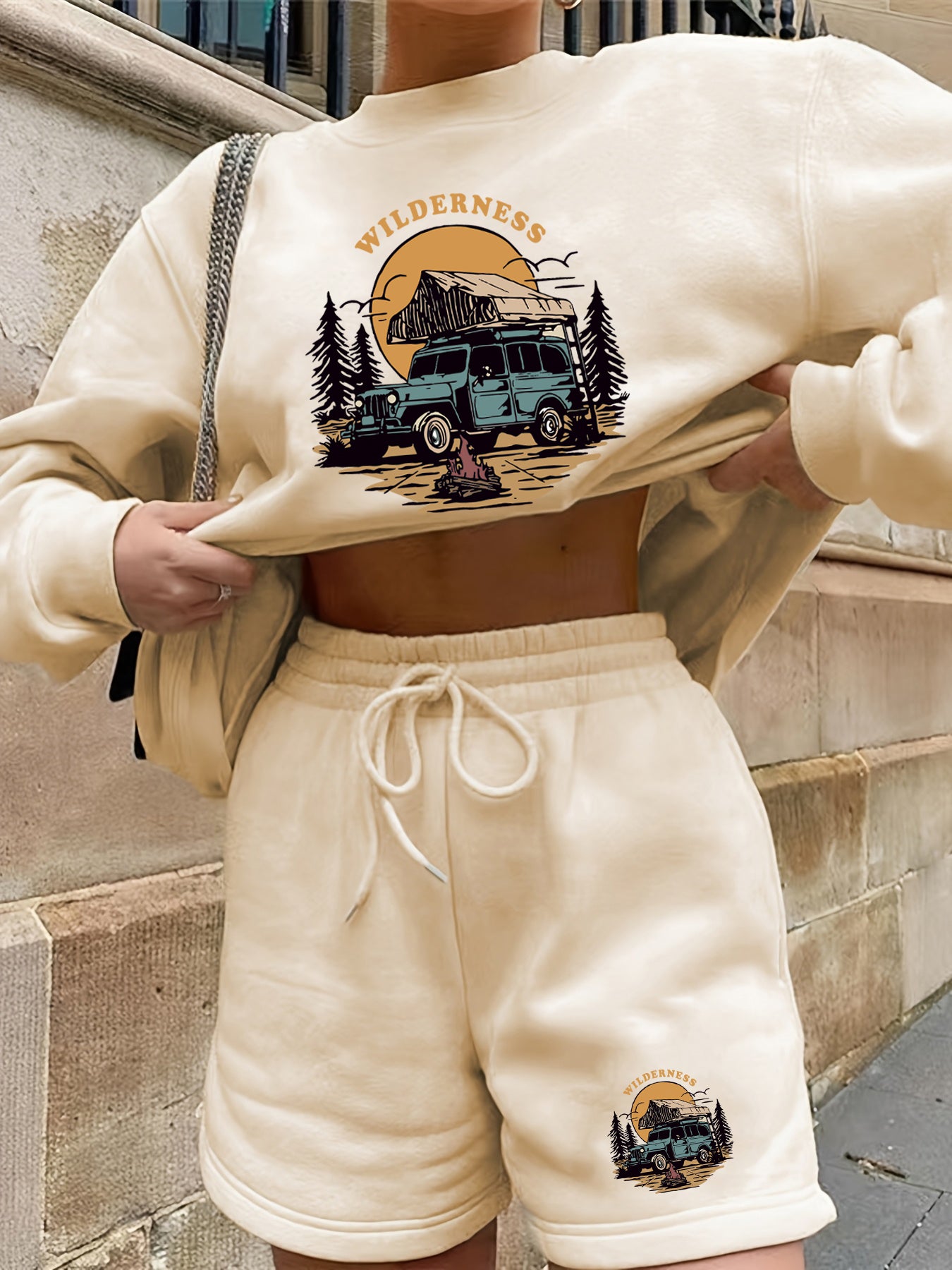 Cream Graphic Sweatshirt And Shorts Co-Ord Set