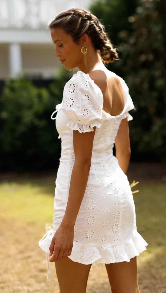 White Front Tie Up Ruched Dress