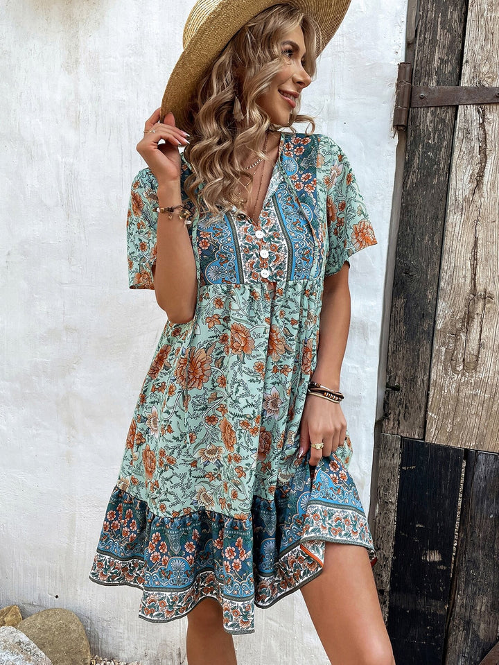 Green Half Sleeved Relaxed Fit Dress