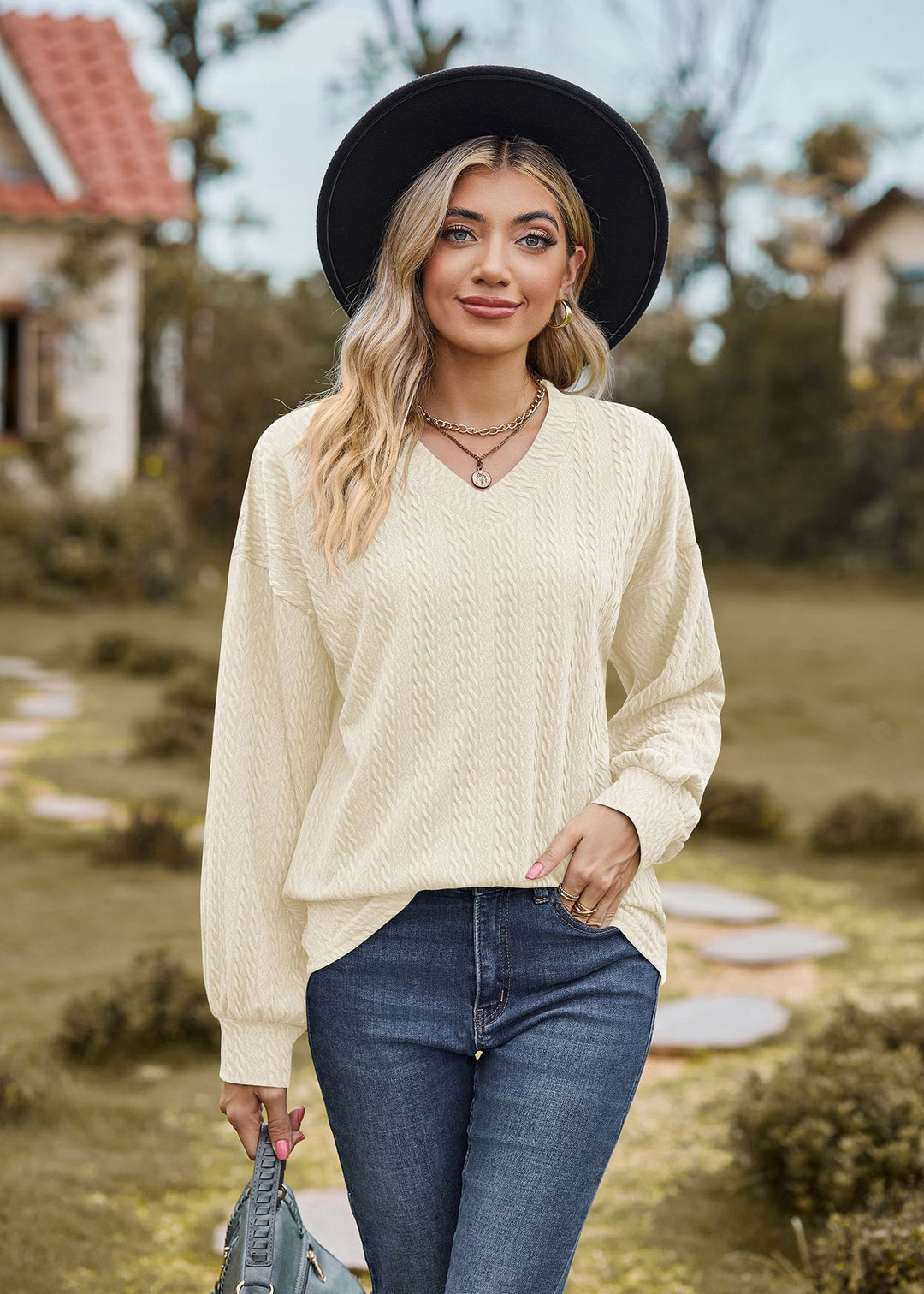 Cream Bishop Sleeve V Neck Sweatshirt