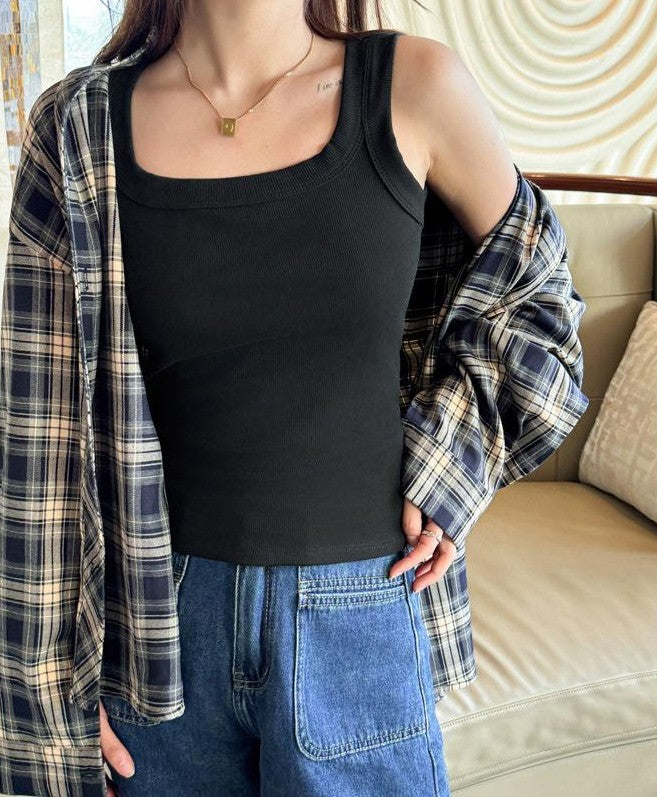 Black Scoop Neck Ribbed Tank Top
