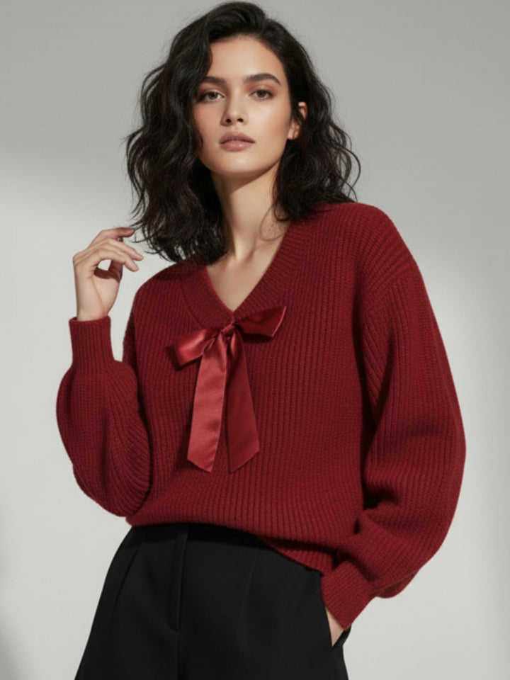 Maroon Full Sleeve V Neck Front Bow Sweater