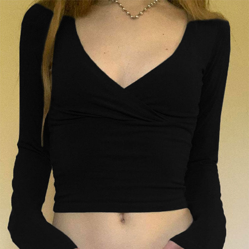 Black V Neck Crop Top Full Sleeves