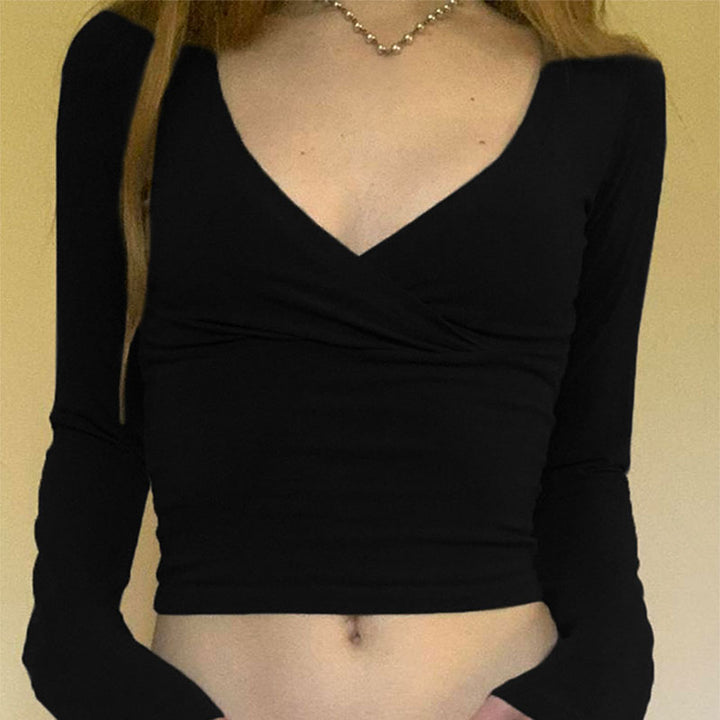 Black V Neck Crop Top Full Sleeves