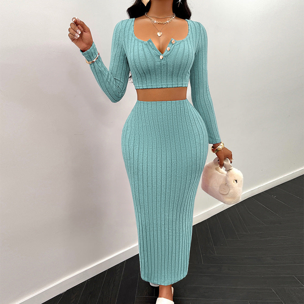 Blue Rib Fitted Crop Top With Skirt
