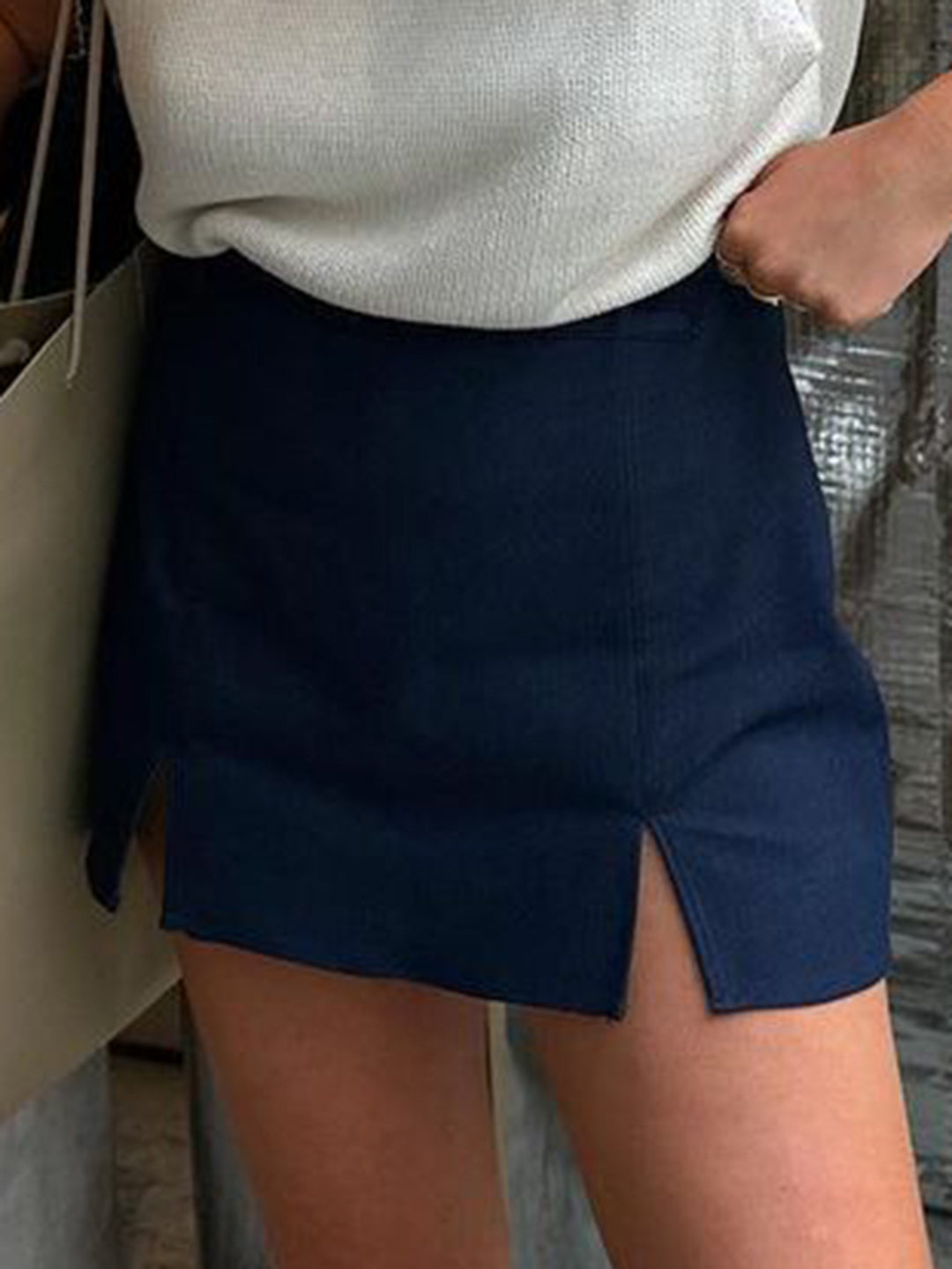 Navy Blue A-Line Skirt With Small Slit Detailing