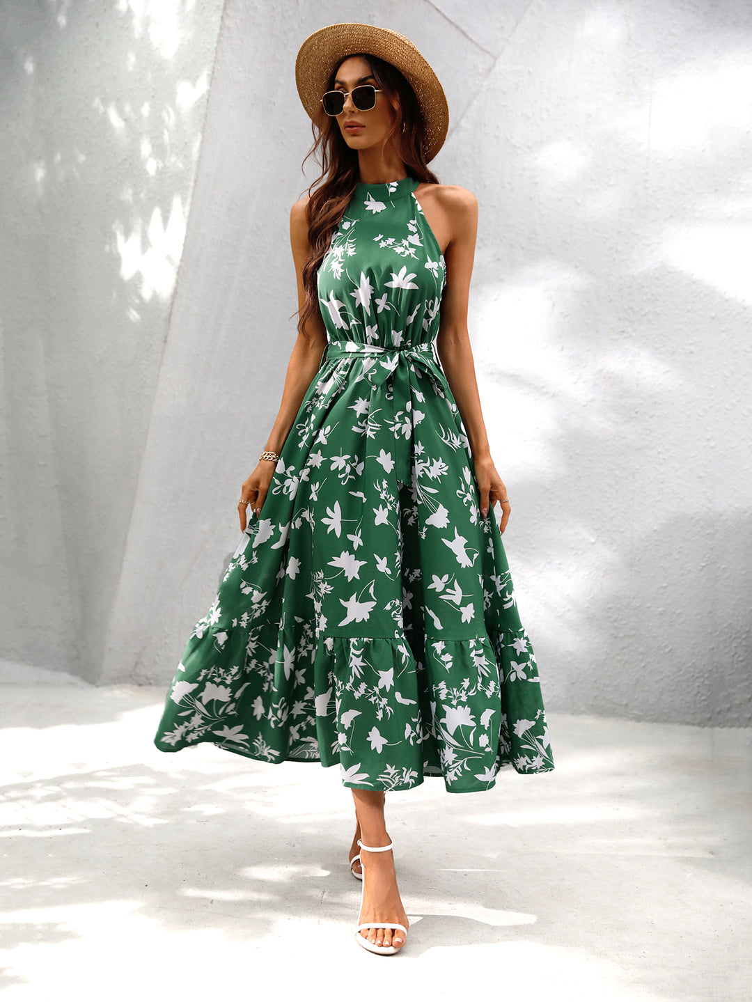 Green Racer Neck Tiered Fit And Flare Dress