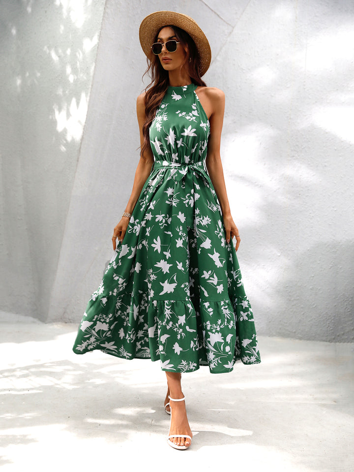 Green Racer Neck Tiered Fit And Flare Dress