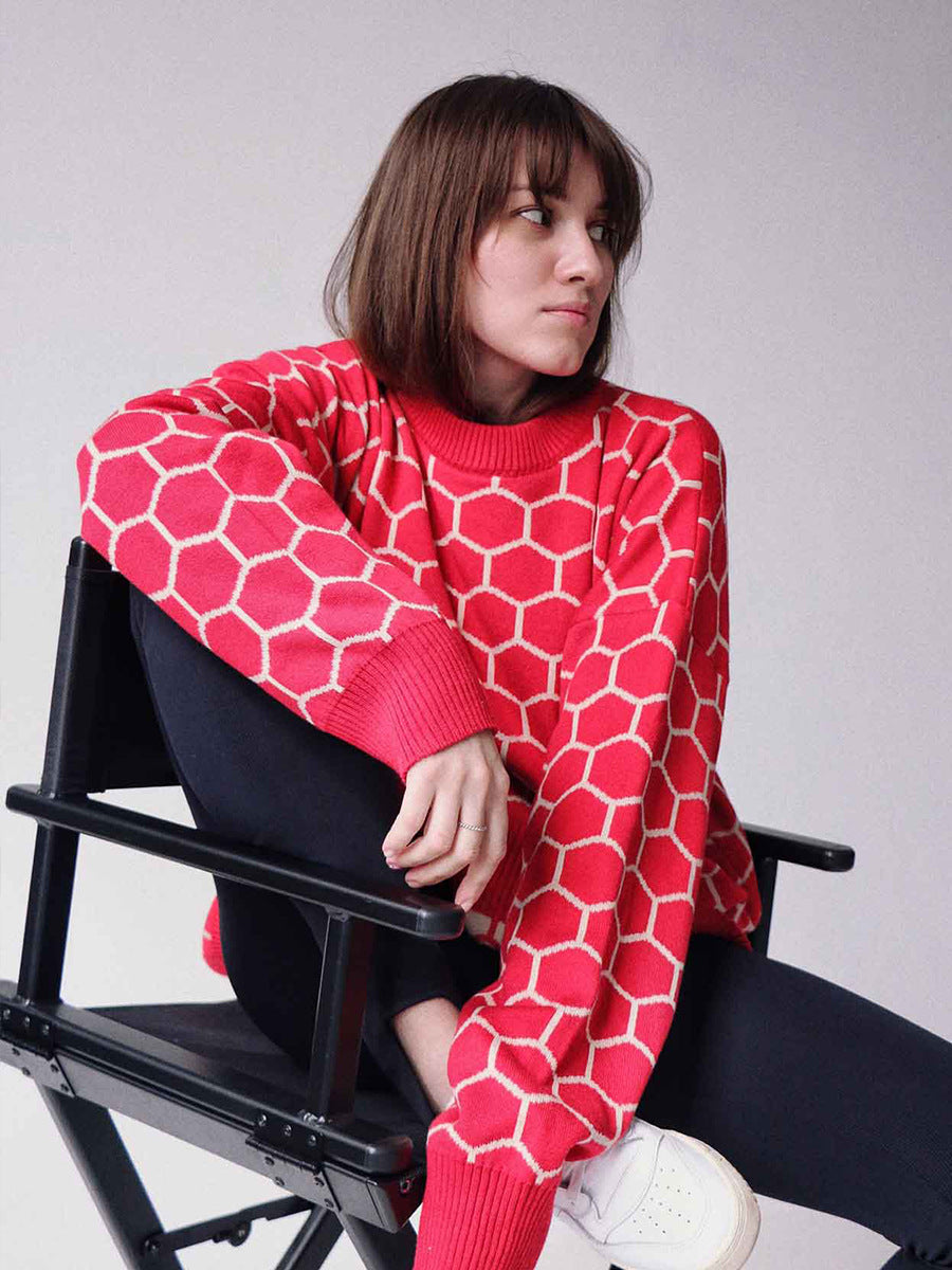Red Oversized Honey Comb Printed Sweater